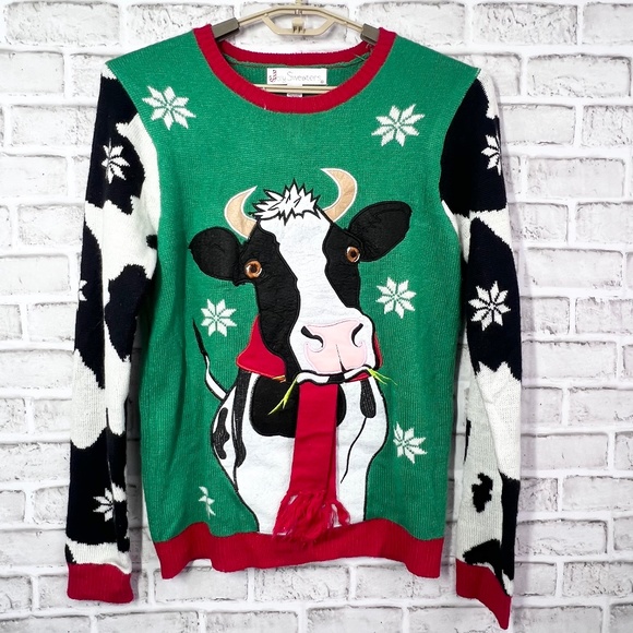🎄|•JOLLY SWEATERS•| Cow Christmas Holiday Sweater Size Medium - Picture 1 of 5